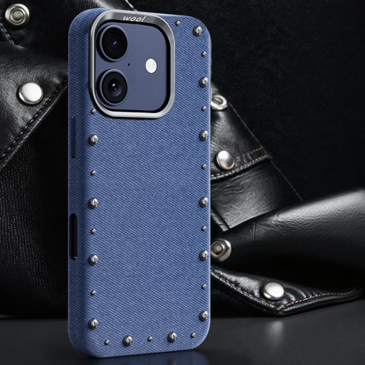 Custodia magnetica per telefono a copertura totale con texture denim della serie Rivet., For iPhone 16 Pro Max, For iPhone 16 Pro, For iPhone 16 Plus, For iPhone 16