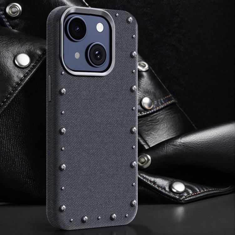 Custodia magnetica per telefono a copertura totale con texture denim della serie Rivet., For iPhone 15 Pro Max, For iPhone 15 Pro, For iPhone 15 Plus, For iPhone 15