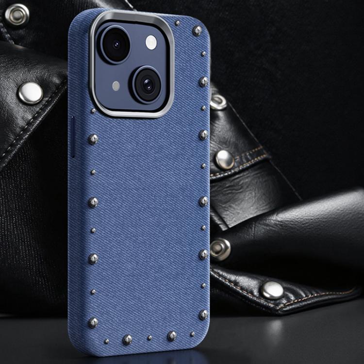 Custodia magnetica per telefono a copertura totale con texture denim della serie Rivet., For iPhone 15 Pro Max, For iPhone 15 Pro, For iPhone 15 Plus, For iPhone 15