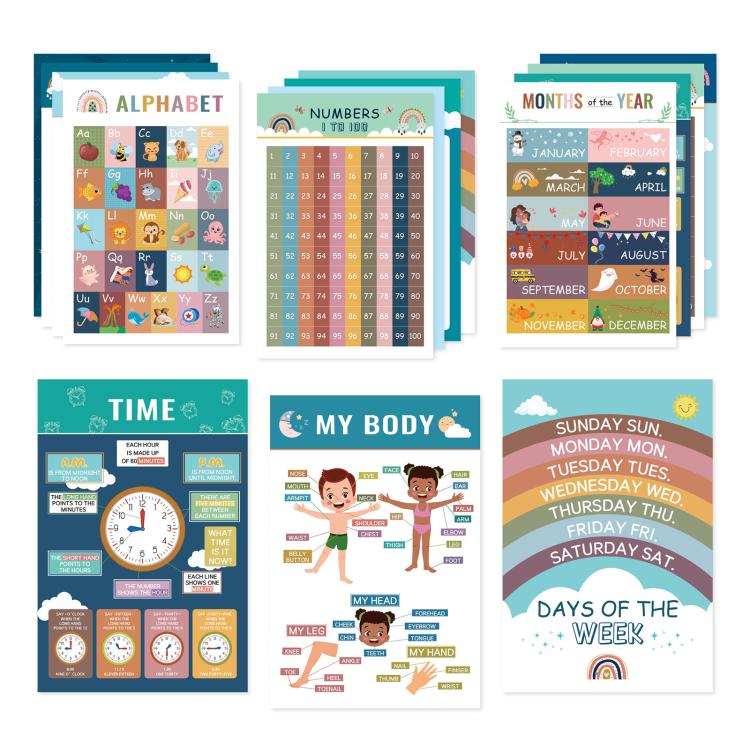 Set di 16 poster murali per l'apprendimento dell'inglese in stile bohémien per la prima infanzia.