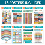 Set di 16 poster murali per l'apprendimento dell'inglese in stile bohémien per la prima infanzia.