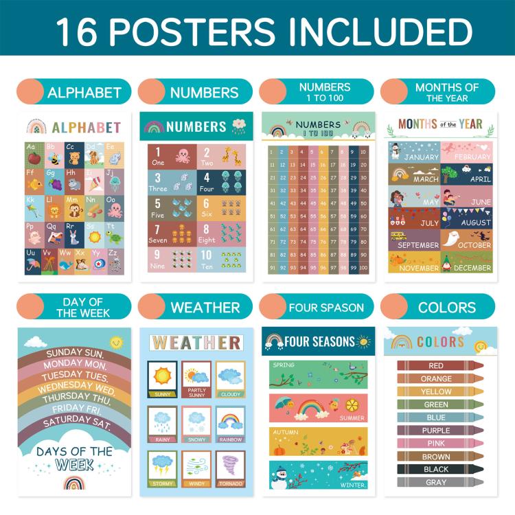 Set di 16 poster murali per l'apprendimento dell'inglese in stile bohémien per la prima infanzia.
