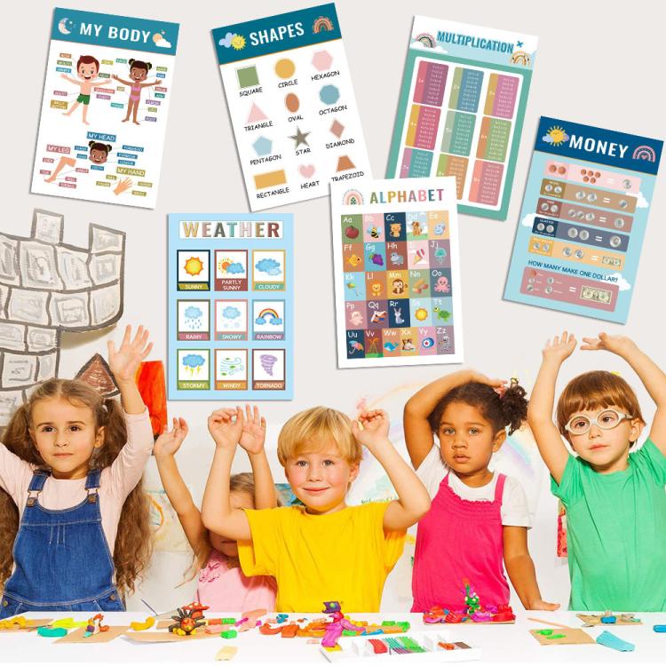 Set di 16 poster murali per l'apprendimento dell'inglese in stile bohémien per la prima infanzia.