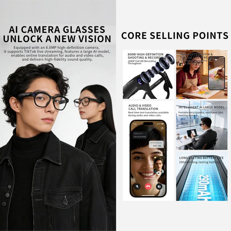 Occhiali intelligenti CY03 con intelligenza artificiale, fotocamera HD da 8 MP, registrazione video, trasmissione Wi-Fi e assistente vocale AI., Anti Blue Light Lens, Sunglasses