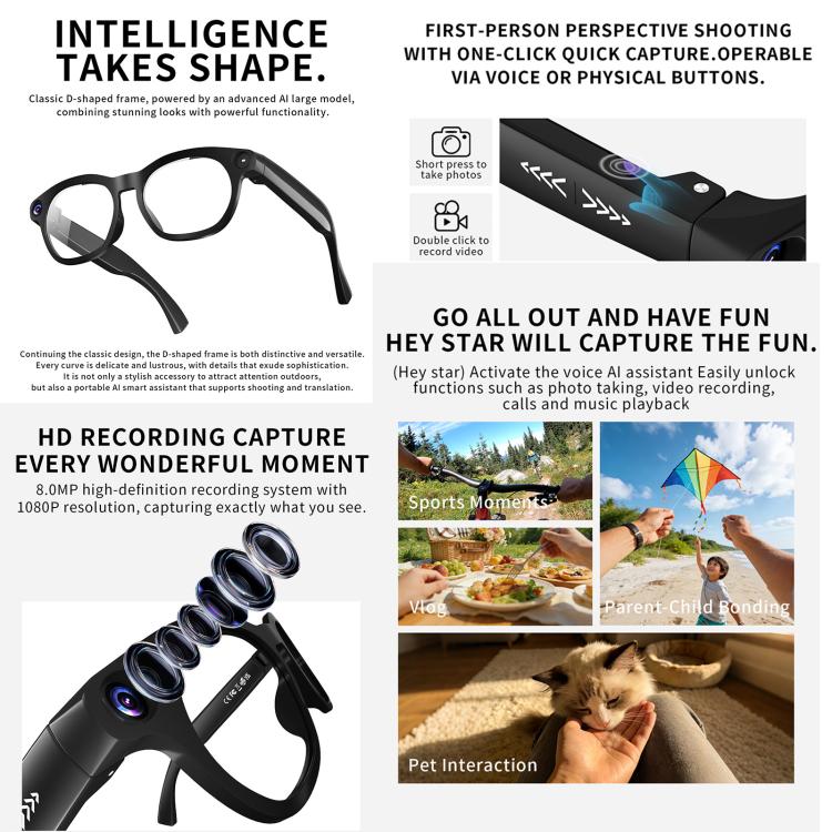 Occhiali intelligenti CY03 con intelligenza artificiale, fotocamera HD da 8 MP, registrazione video, trasmissione Wi-Fi e assistente vocale AI., Anti Blue Light Lens, Sunglasses