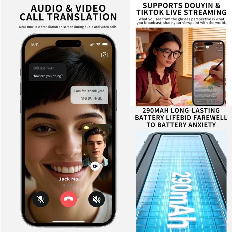 Occhiali intelligenti CY03 con intelligenza artificiale, fotocamera HD da 8 MP, registrazione video, trasmissione Wi-Fi e assistente vocale AI., Anti Blue Light Lens, Sunglasses