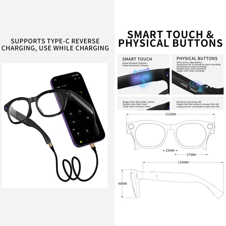 Occhiali intelligenti CY03 con intelligenza artificiale, fotocamera HD da 8 MP, registrazione video, trasmissione Wi-Fi e assistente vocale AI., Anti Blue Light Lens, Sunglasses