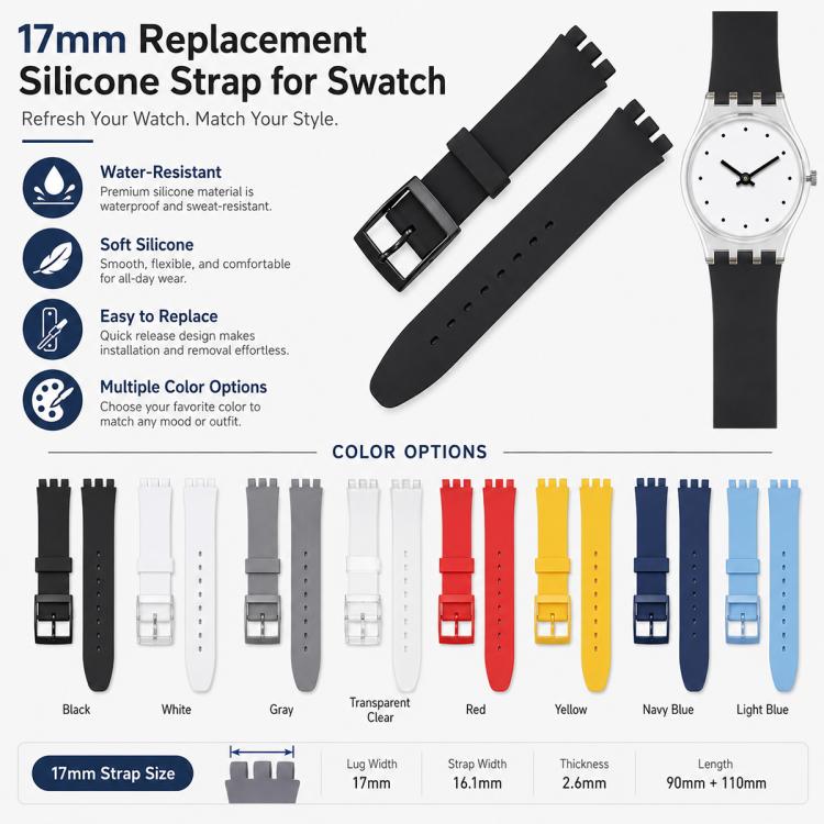 Cinturino per orologio xDfind con bocca convessa in silicone tinta unita, For Swatch 17mm