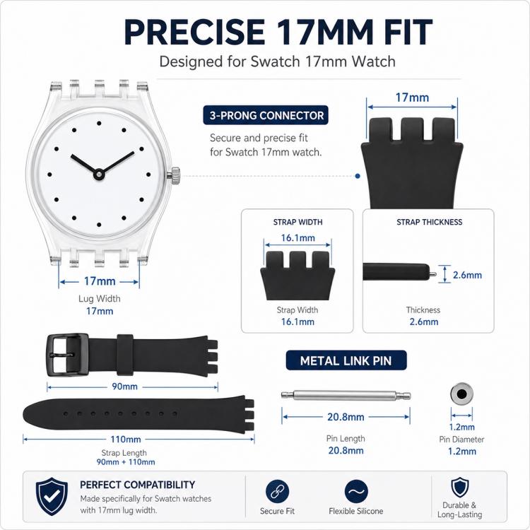 Cinturino per orologio xDfind con bocca convessa in silicone tinta unita, For Swatch 17mm
