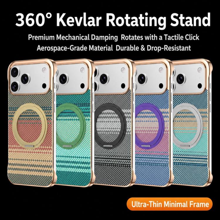 Custodia magnetica per telefono senza cornice in Kevlar galvanizzato con rotazione a 360 gradi., For iPhone 16 Pro, For iPhone 16, For iPhone 15 Pro Max, For iPhone 15 Pro