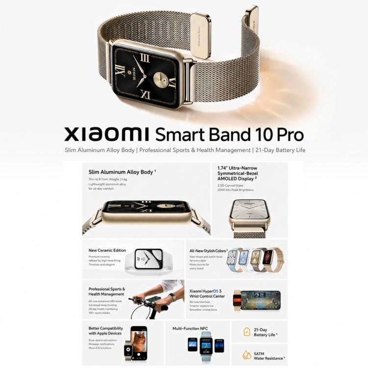 Smart Band 10 Pro originale Xiaomi, schermo AMOLED da 1,74 pollici, impermeabile fino a 5 ATM, supporta il monitoraggio dell'ossigeno nel sangue e della frequenza cardiaca., Smart Band 10 Pro Black, Smart Band 10 Pro Silver, Smart Band 10 Pro Pink