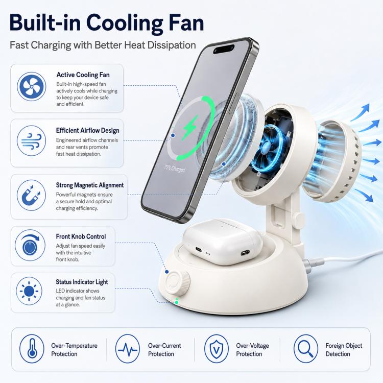 YT50 versione con ventola da 25 W, caricabatterie wireless magnetico 3 in 1 ad alta velocità.