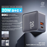 Caricabatterie WK WP-U104 Swift da 20 W con porte USB-C/Type-C e USB-A., US Plug, EU Plug, UK Plug
