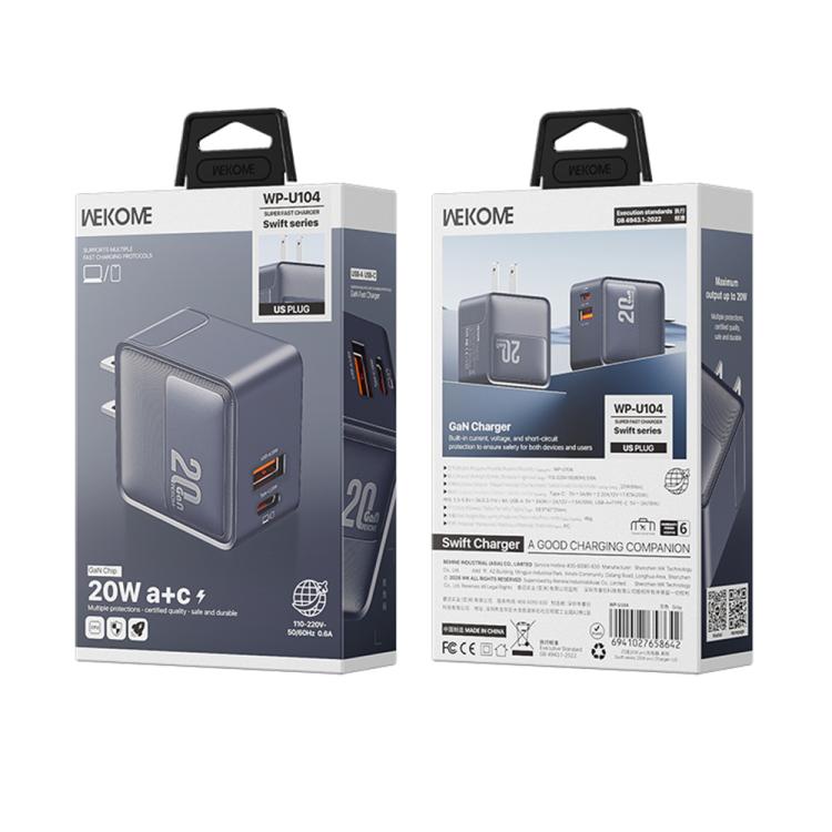 Caricabatterie WK WP-U104 Swift da 20 W con porte USB-C/Type-C e USB-A., US Plug, EU Plug, UK Plug