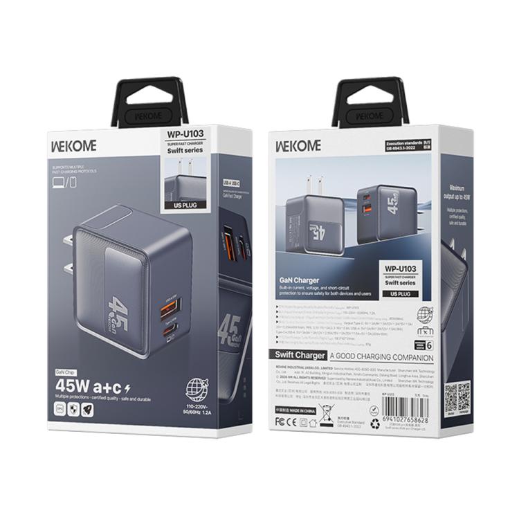 Caricabatterie rapido WK WP-U103 da 45 W con porte USB-C/Type-C e USB-A., US Plug, EU Plug, UK Plug