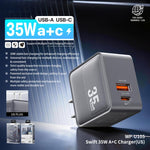 Caricabatterie rapido WK WP-U105 da 35 W con porte USB-C/Type-C e USB-A., US Plug, EU Plug, UK Plug
