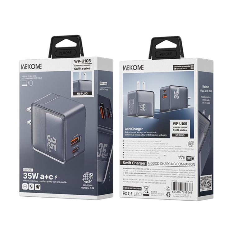 Caricabatterie rapido WK WP-U105 da 35 W con porte USB-C/Type-C e USB-A., US Plug, EU Plug, UK Plug