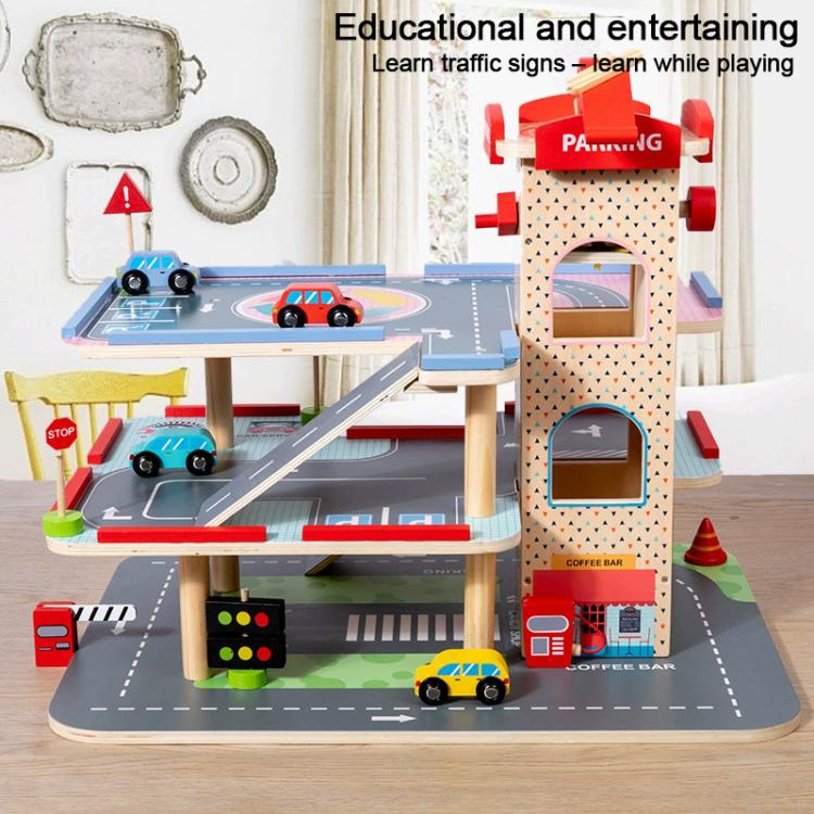 Simulazione di parcheggio a 3 livelli in legno per giochi di ruolo per bambini.