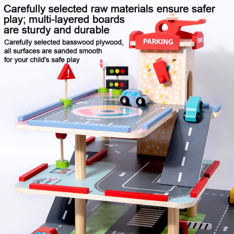 Simulazione di parcheggio a 3 livelli in legno per giochi di ruolo per bambini.