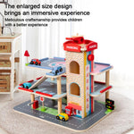 Simulazione di parcheggio a 3 livelli in legno per giochi di ruolo per bambini.