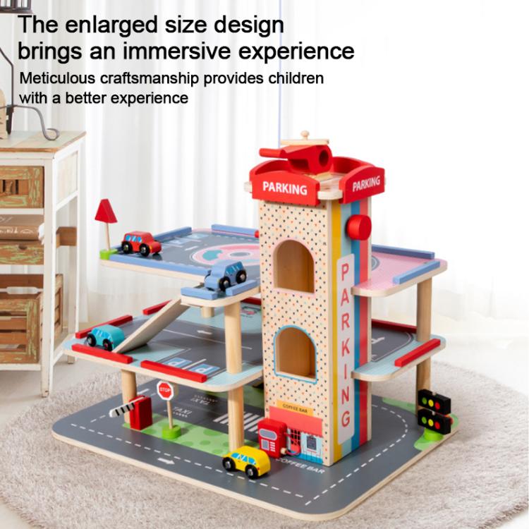 Simulazione di parcheggio a 3 livelli in legno per giochi di ruolo per bambini.