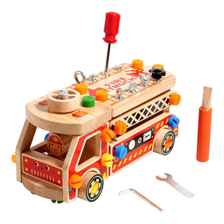 Camion dei pompieri multifunzionale in legno massello, smontabile, per l'educazione prescolare dei bambini.