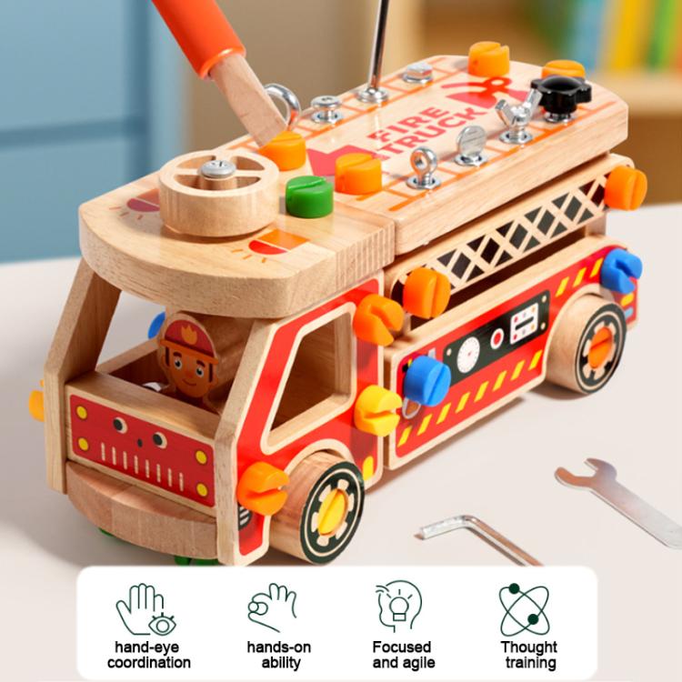 Camion dei pompieri multifunzionale in legno massello, smontabile, per l'educazione prescolare dei bambini.