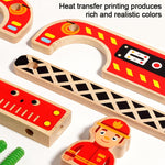 Camion dei pompieri multifunzionale in legno massello, smontabile, per l'educazione prescolare dei bambini.