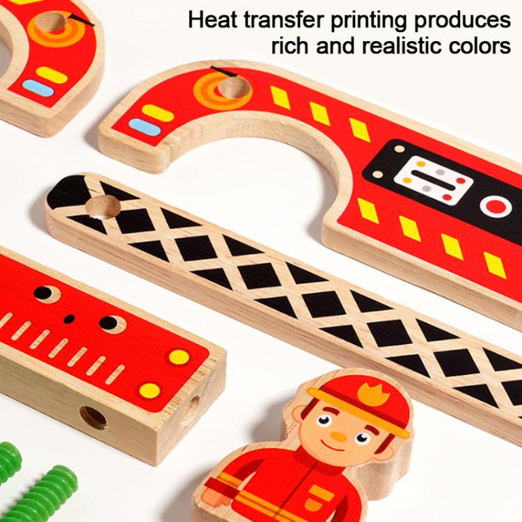 Camion dei pompieri multifunzionale in legno massello, smontabile, per l'educazione prescolare dei bambini.