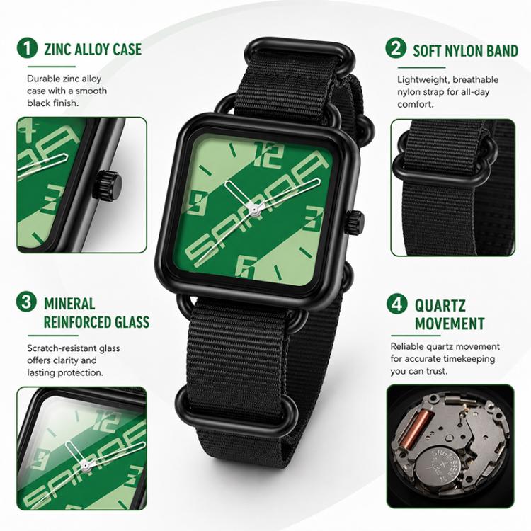 Orologio al quarzo SANDA 3261, colorato, casual, resistente all'acqua fino a 5 ATM, ideale per studenti., Nylon Beige, Nylon Black, Nylon Green