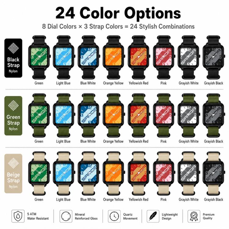 Orologio al quarzo SANDA 3261, colorato, casual, resistente all'acqua fino a 5 ATM, ideale per studenti., Nylon Beige, Nylon Black, Nylon Green