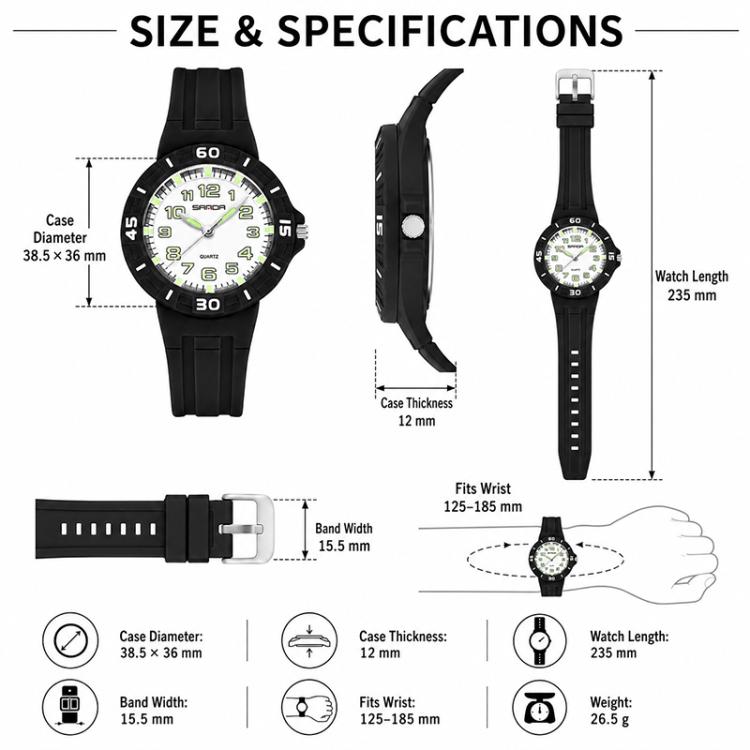 Orologio per bambini SANDA 6386 semplice, impermeabile fino a 5 ATM e luminoso.