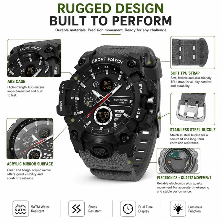 Orologio elettronico multifunzione sportivo SANDA 9094, impermeabile fino a 5 ATM, con display luminoso.