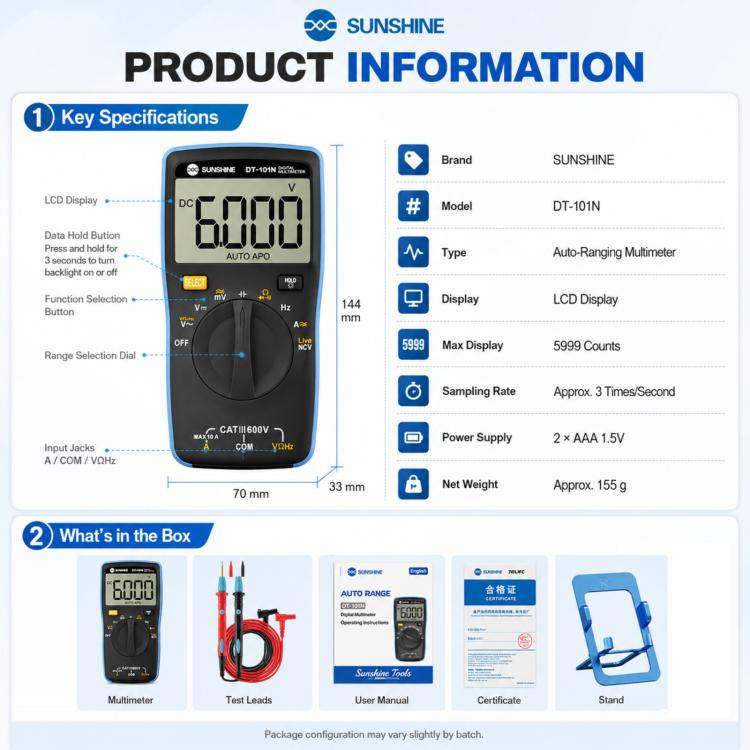 SUNSHINE DT-101N Multimetro tascabile con selezione automatica