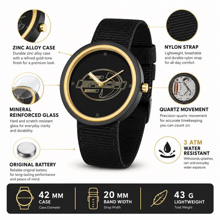 Orologio SANDA 3202 Slim Silent impermeabile fino a 3 ATM con cinturino in nylon, ideale per studenti.