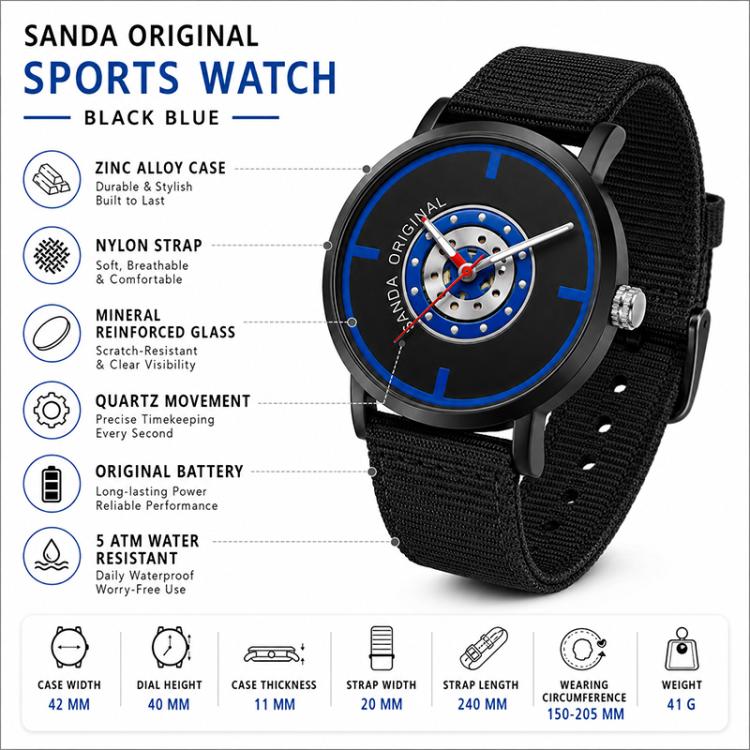 Orologio da studente SANDA 3217 stile preppy, impermeabile fino a 5 ATM, con cinturino in nylon.