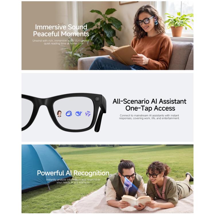 Occhiali intelligenti HD5 Ultra con doppia lente e intelligenza artificiale per la traduzione automatica, dotati di fotocamera HD da 8 MP, registrazione video, trasmissione Wi-Fi e assistente vocale AI.