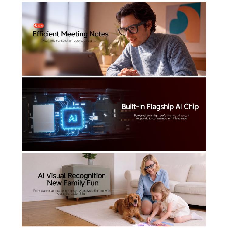 Occhiali intelligenti HD5 Ultra con doppia lente e intelligenza artificiale per la traduzione automatica, dotati di fotocamera HD da 8 MP, registrazione video, trasmissione Wi-Fi e assistente vocale AI.