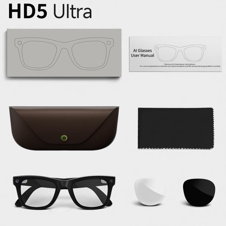 Occhiali intelligenti HD5 Ultra con doppia lente e intelligenza artificiale per la traduzione automatica, dotati di fotocamera HD da 8 MP, registrazione video, trasmissione Wi-Fi e assistente vocale AI.
