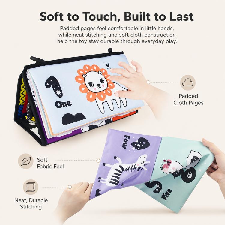 Libro giocattolo pieghevole in tessuto per l'educazione della prima infanzia con specchio deformante., Number, Number+4-page Cloth Book, Number+4-page Dinosaur Book&Teether, Number+4-page Animals Book&Teether, Letter, Letter+4-page Cloth Book          ...