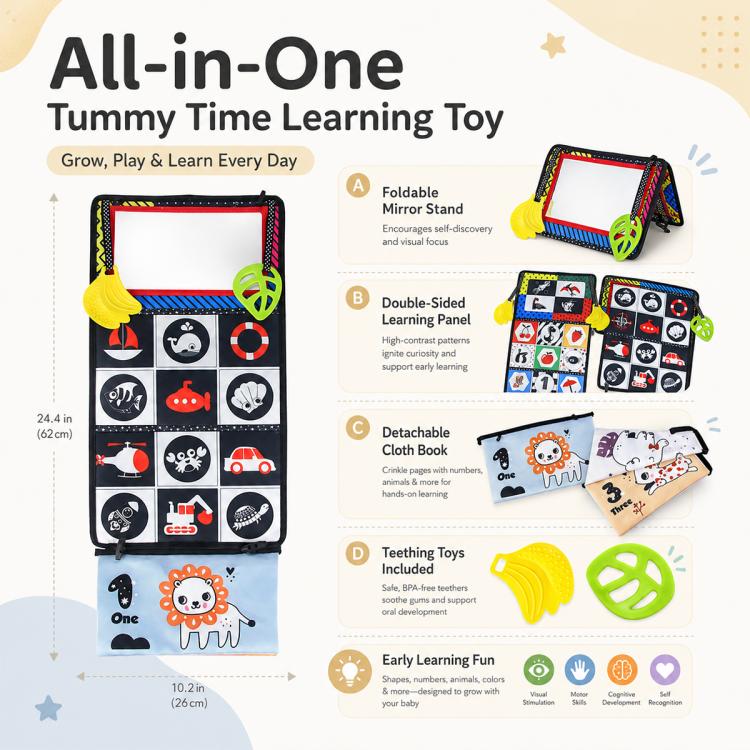 Libro giocattolo pieghevole in tessuto per l'educazione della prima infanzia con specchio deformante., Number, Number+4-page Cloth Book, Number+4-page Dinosaur Book&Teether, Number+4-page Animals Book&Teether, Letter, Letter+4-page Cloth Book          ...