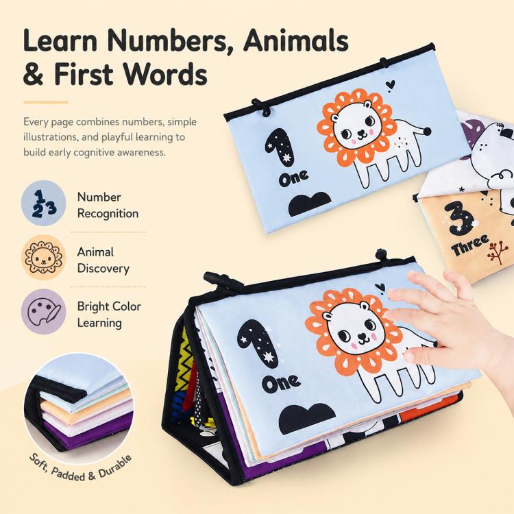 Libro giocattolo pieghevole in tessuto per l'educazione della prima infanzia con specchio deformante., Number, Number+4-page Cloth Book, Number+4-page Dinosaur Book&Teether, Number+4-page Animals Book&Teether, Letter, Letter+4-page Cloth Book          ...