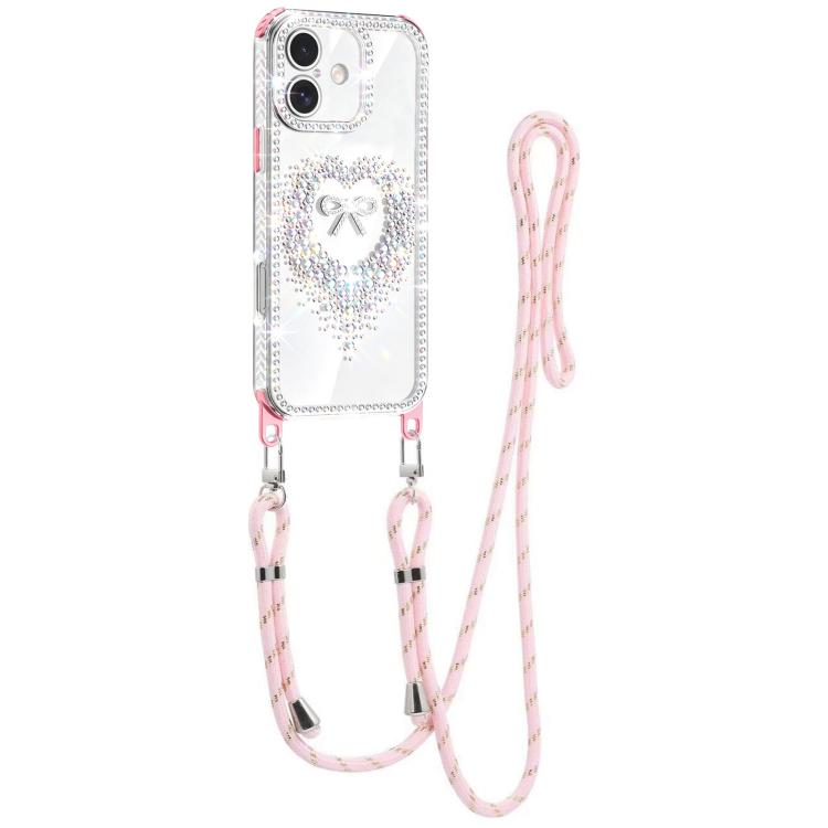 Custodia per telefono ibrida in PC e TPU con airbag e cordino a forma di cuore e fiocco di diamante., For iPhone 16 Plus, For iPhone 16