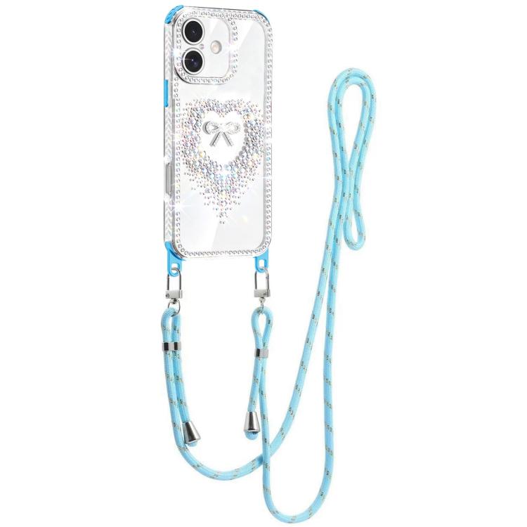 Custodia per telefono ibrida in PC e TPU con airbag e cordino a forma di cuore e fiocco di diamante., For iPhone 16 Plus, For iPhone 16