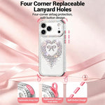 Custodia per telefono ibrida in PC e TPU con airbag e cordino a forma di cuore e fiocco di diamante., For iPhone 16 Plus, For iPhone 16