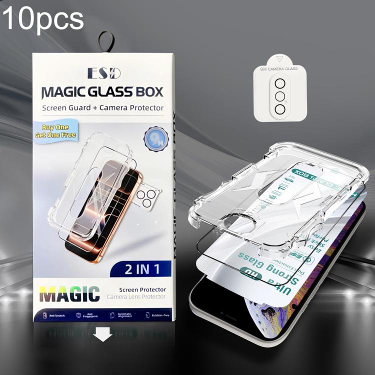 10 pezzi USG Easy Install Dustproof Box HD Pellicola in vetro temperato da bordo a bordo con pellicola per obiettivo, For iPhone 11 Pro, For iPhone XS / X, For iPhone XR, For iPhone XS Max