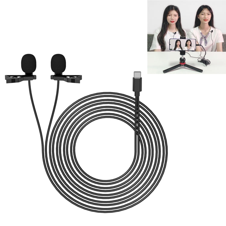 YELANGU MY3 Type-C Interface Live Broadcast Interview Mobile Phone Dual Clip Lavalier Microphone, Length: 2.5m, MY3