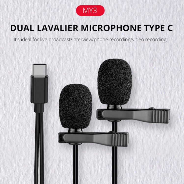 YELANGU MY3 Type-C Interface Live Broadcast Interview Mobile Phone Dual Clip Lavalier Microphone, Length: 2.5m, MY3