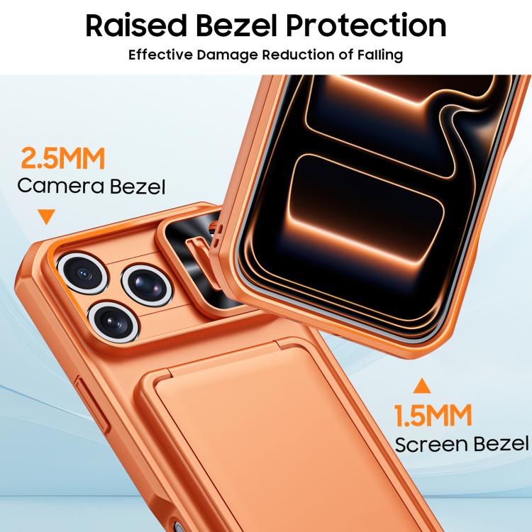 Custodia per telefono ibrida in PC e TPU con porta carte a ribalta e cover scorrevole per fotocamera., For iPhone 17 Pro Max, For iPhone 16 Pro Max, For iPhone 15 Pro Max