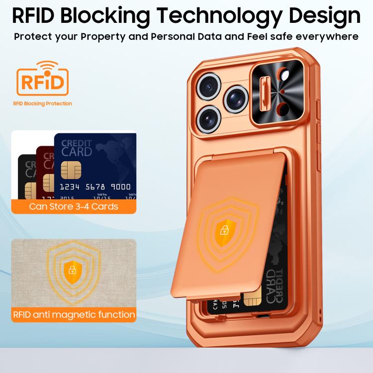 Custodia per telefono ibrida in PC e TPU con porta carte a ribalta e cover scorrevole per fotocamera., For iPhone 17 Pro Max, For iPhone 16 Pro Max, For iPhone 15 Pro Max